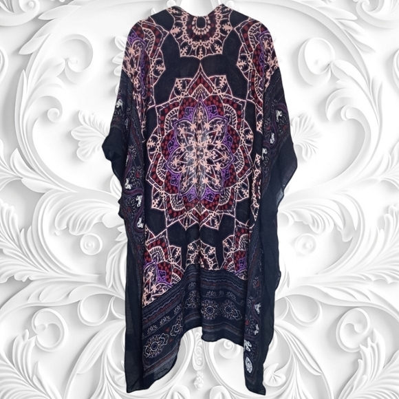 Love Stitch Black Boho Kimono With Red Purple Mandalas OS - Picture 2 of 2